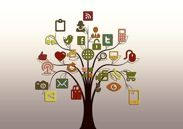 עץ עם ענפין ולוגואים של מדיה חברתית שניתן לשתף בהם תוכן ומאמרים