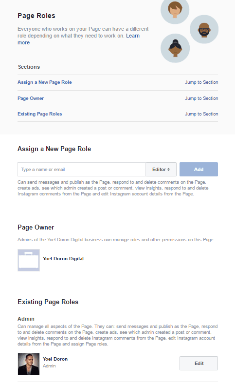 צילום מסך של עמודת תפקידים בעמוד עסקי בפייסבוק
